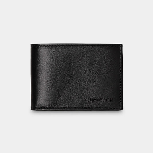 Nordweg Ledger leather bifold wallet in black, closed front view