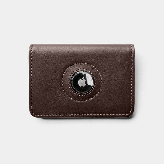 Nordweg Marco leather AirTag wallet cardholder in coffee, front view with round AirTag holder