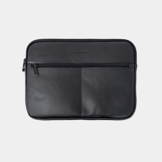 Nordweg Workplace leather MacBook sleeve in black, 14-inch front view
