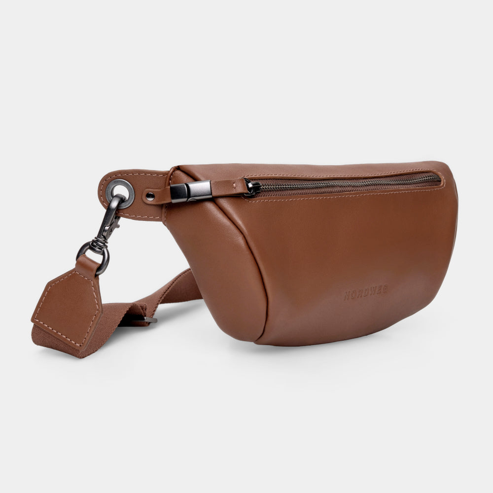 Pulse Leather Sling Bag in Caramel, front angle