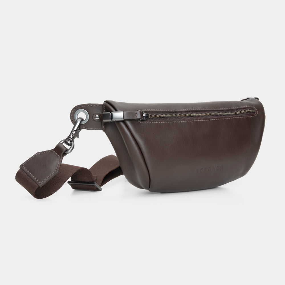 Pulse Leather Sling Bag in Coffee, front angle