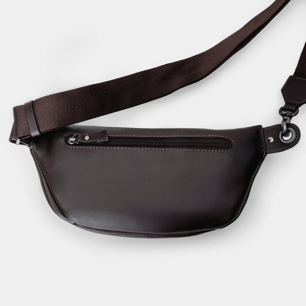Pulse Leather Sling Bag in Coffee, back view