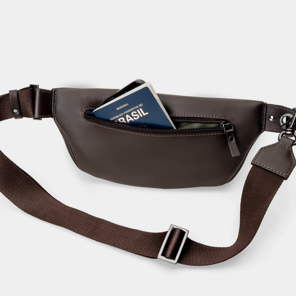 Pulse Leather Sling Bag in Coffee, rear pocket in use