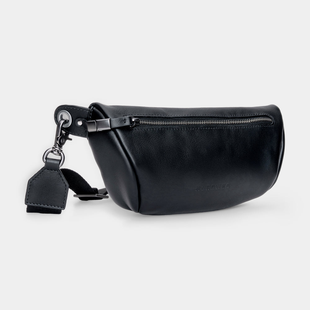 Pulse Leather Sling Bag in Black, front angle
