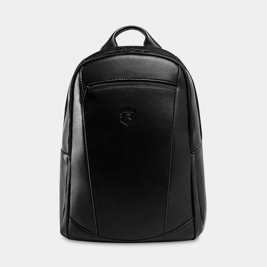 Nordweg Eagle leather laptop backpack in black, front view with zip pocket and top handle