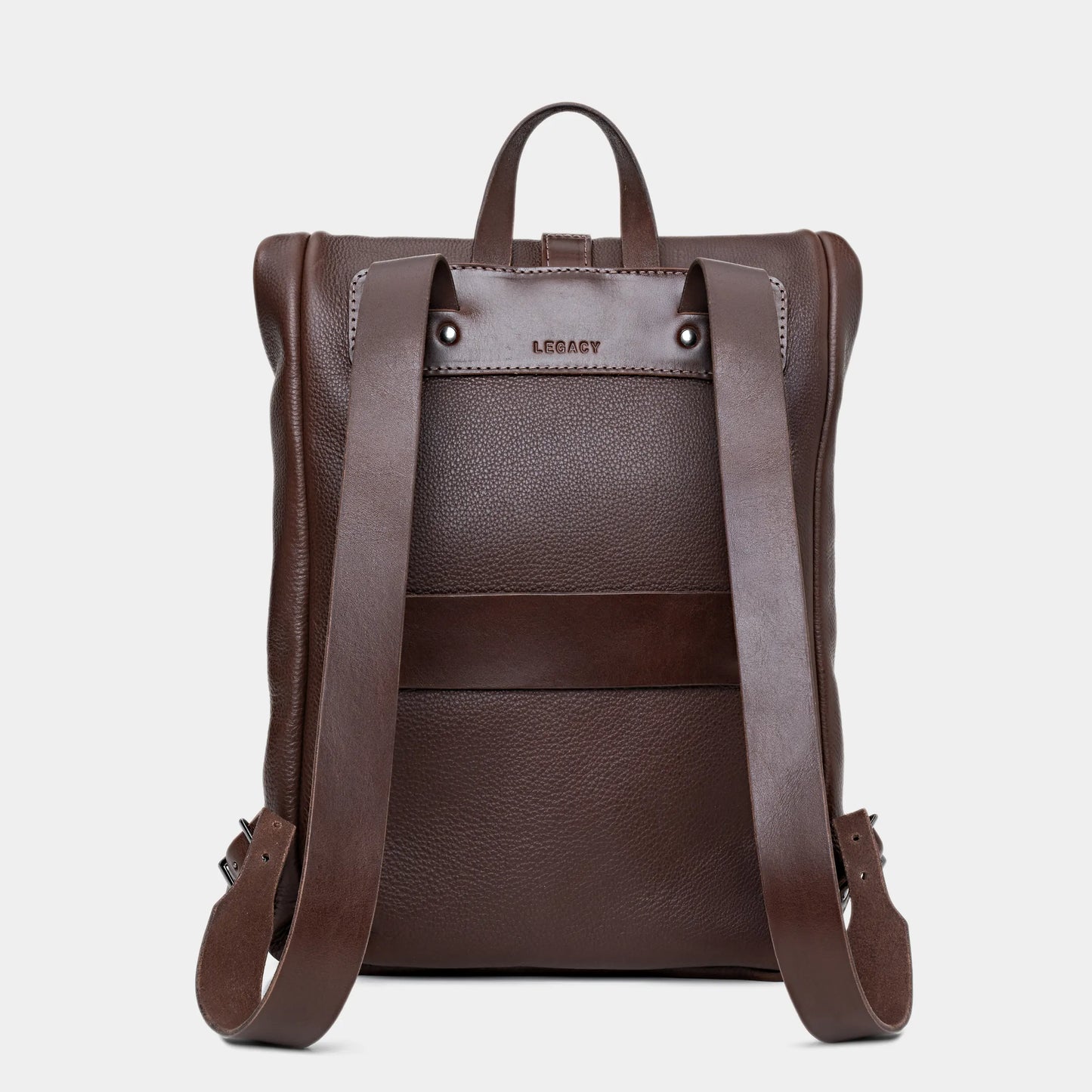 Costas da Mochila Legacy Nordweg Espresso com passador de mala e alças em couro Soleta full grain