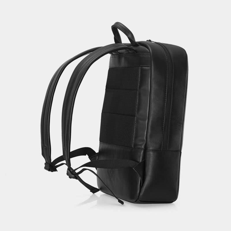 Nordweg Nomad leather laptop backpack in black, side profile with shoulder straps