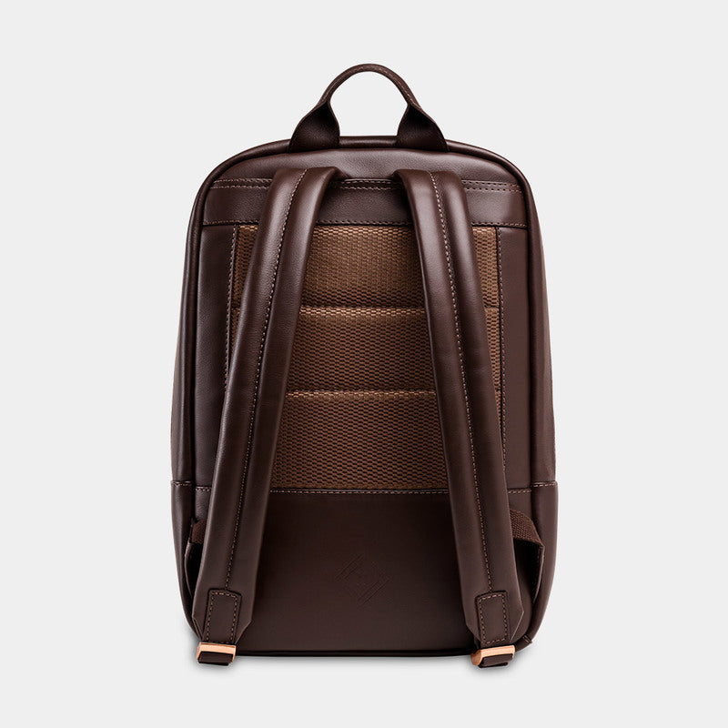 Nordweg Nomad leather laptop backpack in coffee, back view with padded shoulder straps