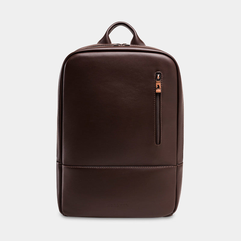 Nordweg Nomad leather laptop backpack in coffee, front view with vertical zip pocket