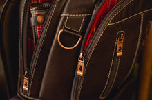 Details of zipper, metals, stitching and leather of the Nordweg NW072 laptop backpack